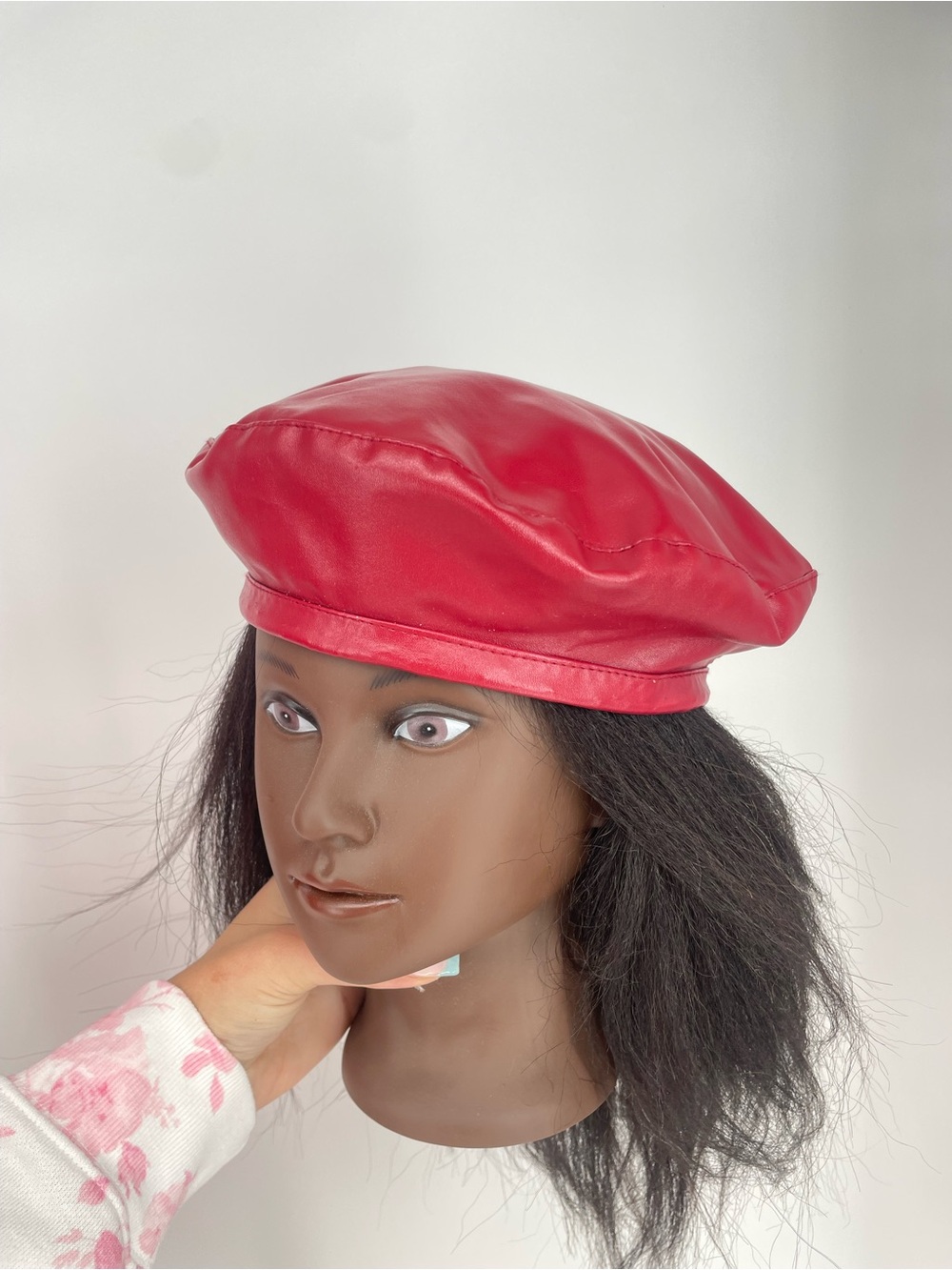 Faux Leather Dark Red Beret Hat Adjustable Drawstring Slouchy Casual Fall Hat
